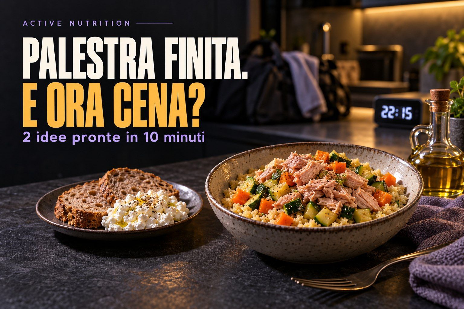 Cous cous con tonno e verdure e pane con fiocchi di latte per una cena dopo la palestra