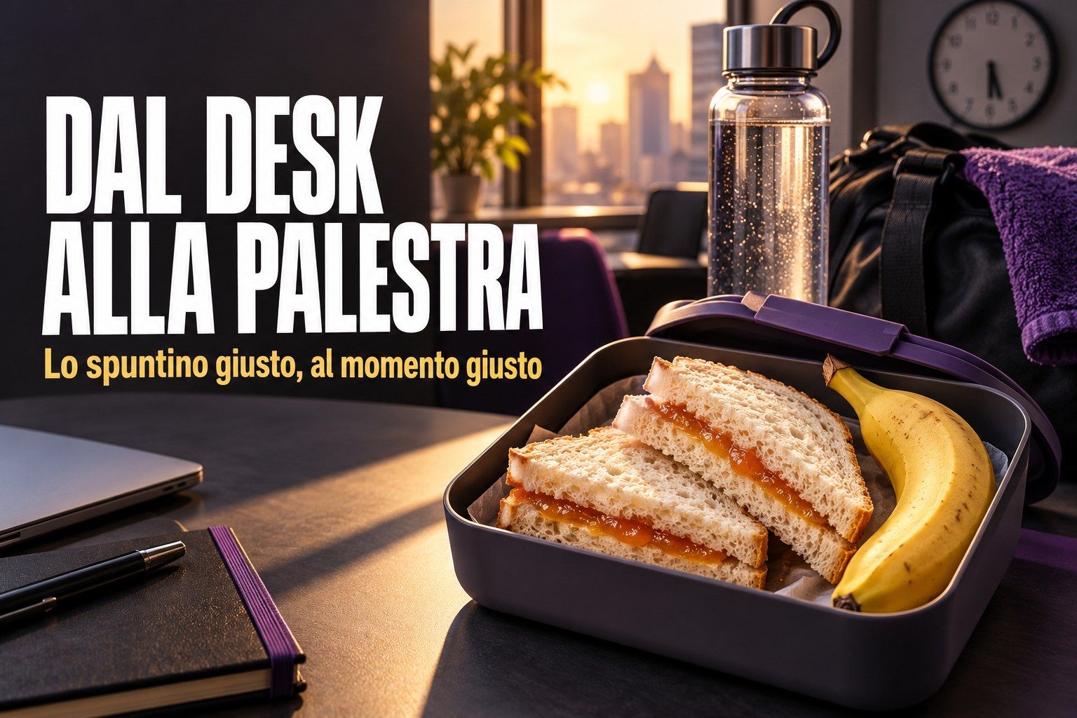 Panino con preparazione di albicocche e banana sulla scrivania accanto alla borsa per la palestra